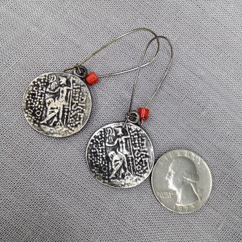 Vintage Coral & Greek Coin Necklace & Earrings Set - Picture 5 of 11